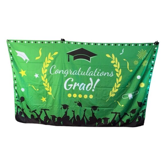 Congratulations Graduate Decorations Party Backdrop Large Banner Green 70X43 - Picture 1 of 8